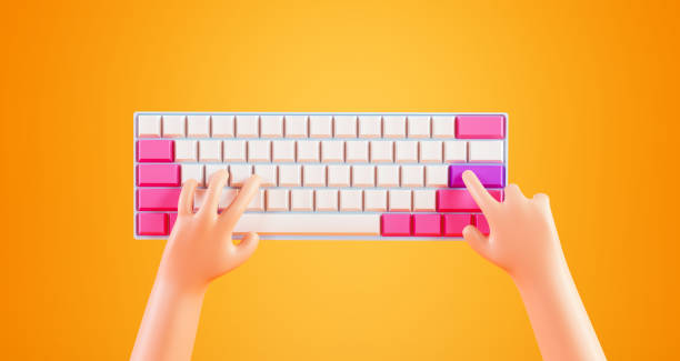 istock Cartoon hands and keyboard, 3d rendering. Character's hands use the keyboard. 3d illustration, simple cartoon design 1386742866