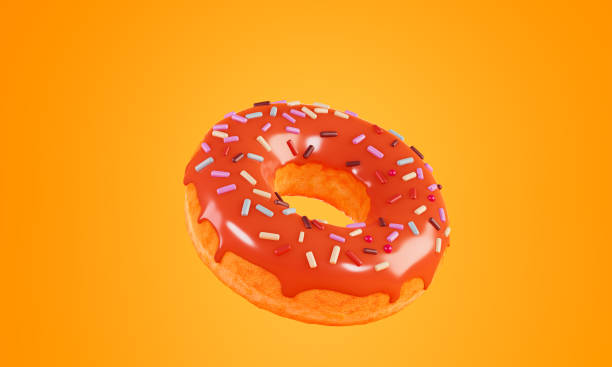 istock Donut with orange glaze, 3d render. Realistic falling doughnut in orange glaze with sprinkles. 1386742878