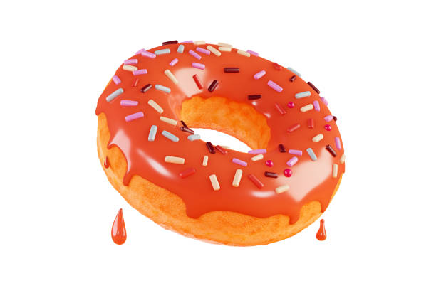 istock Delicious donut in orange glaze, 3d render. Orange doughnut with splashes, isolated on a white background. Summer menu for a bakery or cafe 1386742926