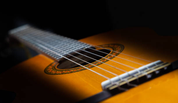 istock Closeup wooden classical of yellow guitar with nylon strings. 1386743665