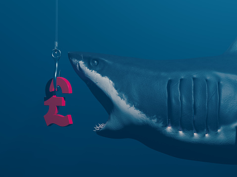 The great white shark, the red-colored pound symbol, and the fishing rod. İn the deep blue sea. Horizontal composition without clipping path.