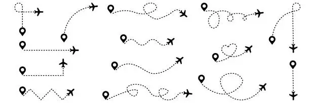 Vector illustration of Plane with path line set icons. Vector illustration