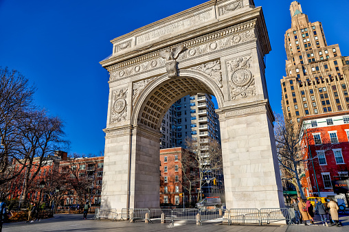 New York, New York - February 18, 2022: The arch in Washington Square in Manahattan NYC