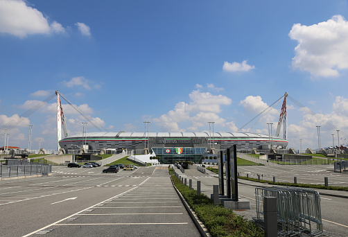 Turin, TO, Italy - August 26, 2015: wide parking outside the Juventus Stadium without people in the Piedmont Region