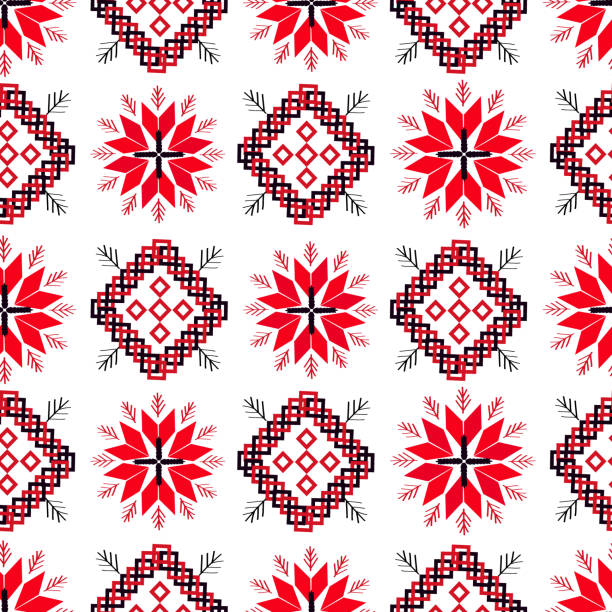 ウクライナのシームレスなパターン。黒、赤、白の幾何学的な装飾品。 - cross stitch点のイラスト素材／クリップアート素材／マンガ素材／アイコン素材