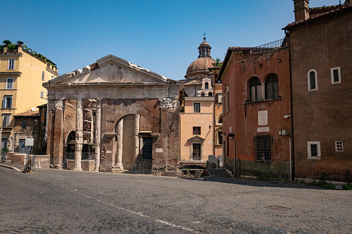 View of the archaeological area of the Theatre of Marcellus, located between the Jewish Ghetto and the Capitoline hill, in the historic heart of Rome.