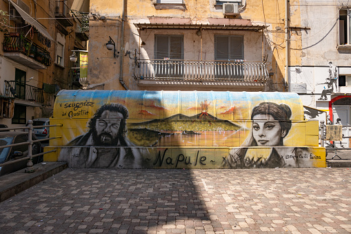 Naples, ITALY - Aug 14, 2021: Painting graffiti with images of Bud Spencer and Sofia Loren, two of the most famous actors born in Naples, done by the artist Mario Casti Farina at Quartieri Spagnoli, Naples