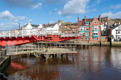 Whitby.North Yorkshire.United Kingdom.February 15th 2022.Whitby swing bridge on the river Esk in Whitby in North Yorkshire
