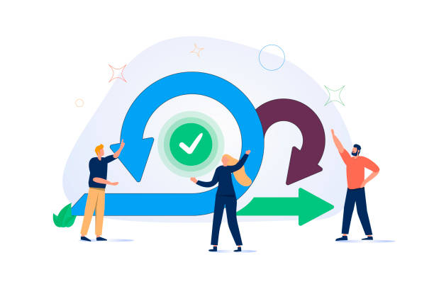 ilustrações de stock, clip art, desenhos animados e ícones de scrum sprint methodology as agile development process tiny person concept. software integration and implementation. - flowing action flow chart process chart