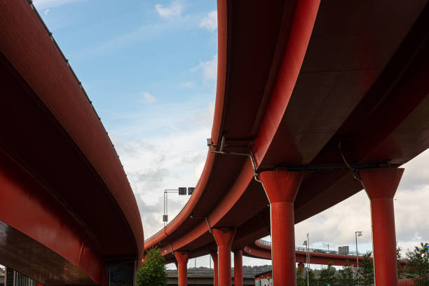 Gothenburg, Sweden - October 09 2020: Two tall red road viaducts joining.