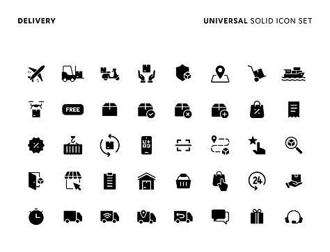 Delivery Concept Basic Solid Icon Set with Editable Stroke. Icons are Suitable for Web Page, Mobile App, UI, UX and GUI design.