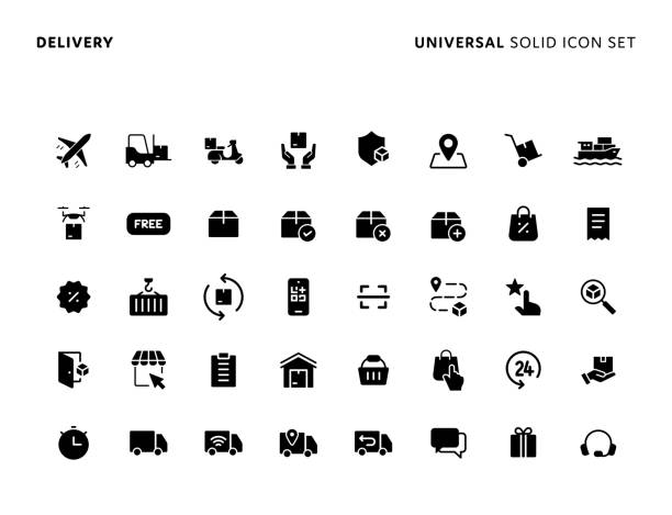 Delivery Universal Solid Icon Set. Icons are Suitable for Web Page, Mobile App, UI, UX and GUI design. Delivery Concept Basic Solid Icon Set with Editable Stroke. Icons are Suitable for Web Page, Mobile App, UI, UX and GUI design. solid stock illustrations