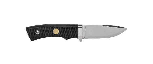 istock Modern hunting knife with silver blade and rubber handle. Steel arms. Isolate on a white background. 1386760347