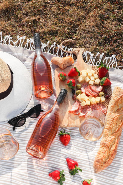 picnic estivo con fragole, baguette di salumi e vino rosato - wine cheese food salami foto e immagini stock