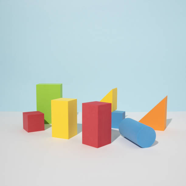 istock Set of colorful geometrical objects  on blue and white background. Abstract pattern design composition by shape and form. Education, business solution, creative design product concept. 1386766263
