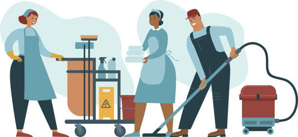 Cleaning team. Janitors in uniform. Professional cleaners, janitors and maids. Housekeeping. vector art illustration