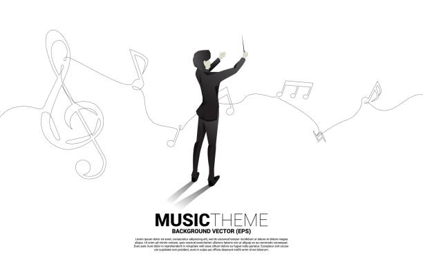 ilustrações de stock, clip art, desenhos animados e ícones de vector conductor with music melody note dancing flow from single line . concept background for song and concert theme. - lead sheet