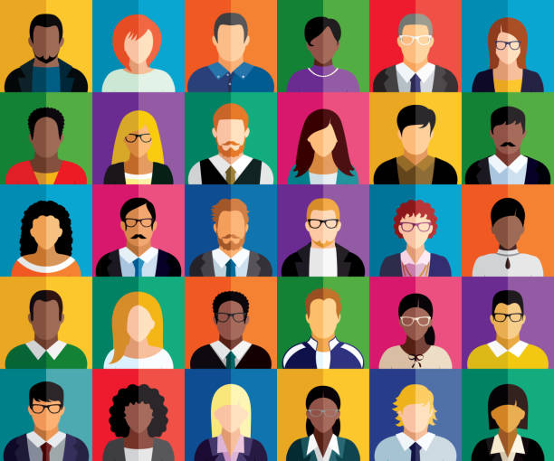 ilustraciones, imágenes clip art, dibujos animados e iconos de stock de ilustración vectorial de iconos de personas multicolores. - computer network social networking connection togetherness