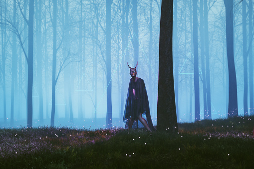 Fantasy character in dark forest - this is entirely 3D generated image. Character is generic.