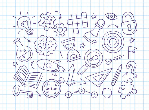 Puzzle and riddles. Quiz game. Crossword puzzle, Maze, Brain, Light bulb for design math quiz. Set of isolated hand drawn objects. Vector illustration in doodle style on square notebook background Puzzle and riddles. Quiz game. Crossword puzzle, Maze, Brain, Light bulb for design math quiz. Set of isolated hand drawn objects. Vector illustration in doodle style on square notebook background. crossword puzzle drawing stock illustrations