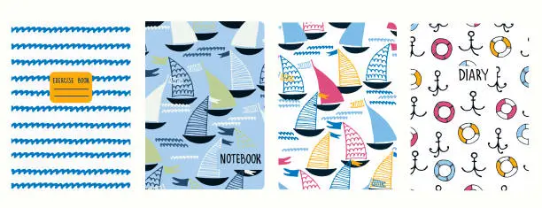 Vector illustration of Cover page vector templates with sailing boats, waves. Headers isolated and replaceable