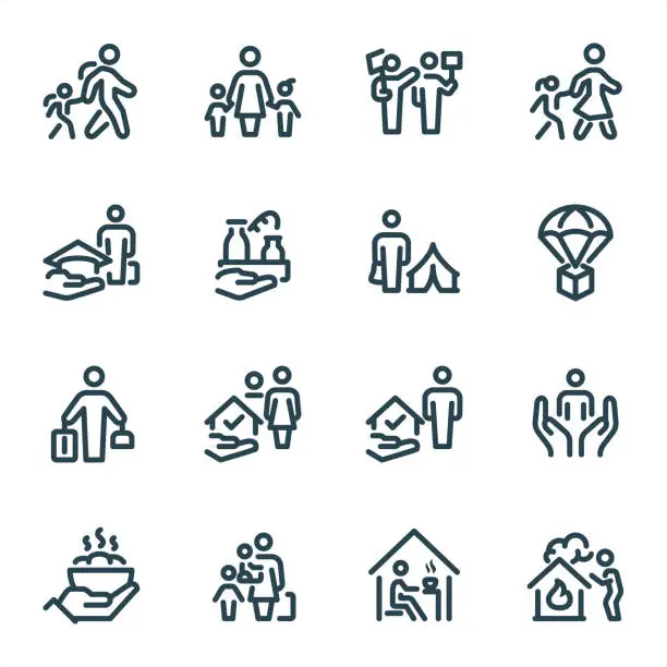 Vector illustration of Refugee - Pixel Perfect Unicolor line icons
