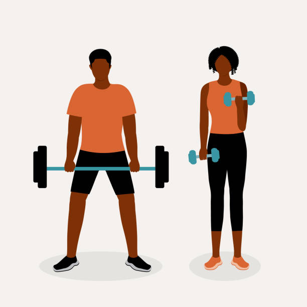 Young Black Couple Exercising Together. Fitness, Workout. Young Black Couple With Barbell And Dumbbell Doing Weight Training Together. Full Length, Isolated On Solid Color Background. Vector, Illustration, Flat Design, Character. weightlifting stock illustrations