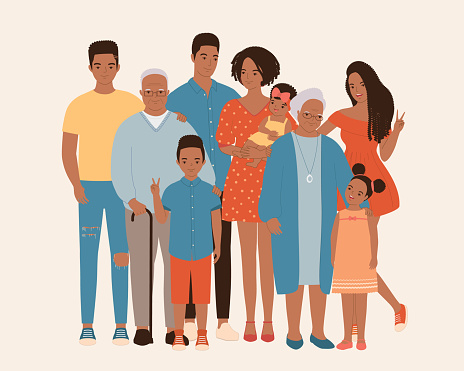 Portrait Of Black Family With Different Generations, Grandparent, Parent And Children. Full Length, Isolated On Solid Color Background. Vector, Illustration, Flat Design, Character.