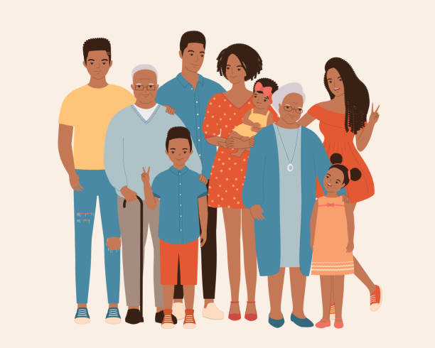 Happy Multi-Generation Black Family. Portrait Of Black Family With Different Generations, Grandparent, Parent And Children. Full Length, Isolated On Solid Color Background. Vector, Illustration, Flat Design, Character. family illustrations stock illustrations