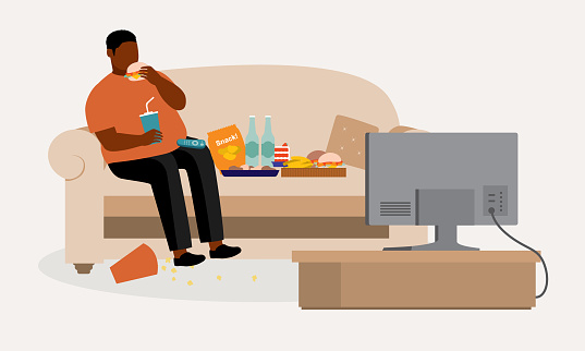 Fat Black Man Lying On Sofa While Watching TV And Eating Unhealthy Food. Full Length, Isolated On Solid Color Background. Vector, Illustration, Flat Design, Character.