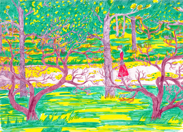 autumn landscape and a lonely girl among yellow foliage drawing with markers autumn landscape and a lonely girl among yellow foliage drawing with markers. High quality illustration girl silouette forest illustration stock illustrations