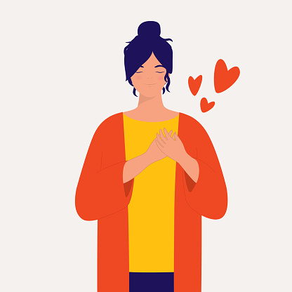 Happy Woman With Eye Closed Touching Her Heart. Half Length, Isolated On Solid Color Background. Vector, Illustration, Flat Design, Character.