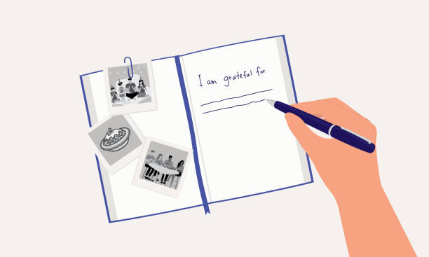 ilustrações de stock, clip art, desenhos animados e ícones de a person writing a gratitude journal. - diary