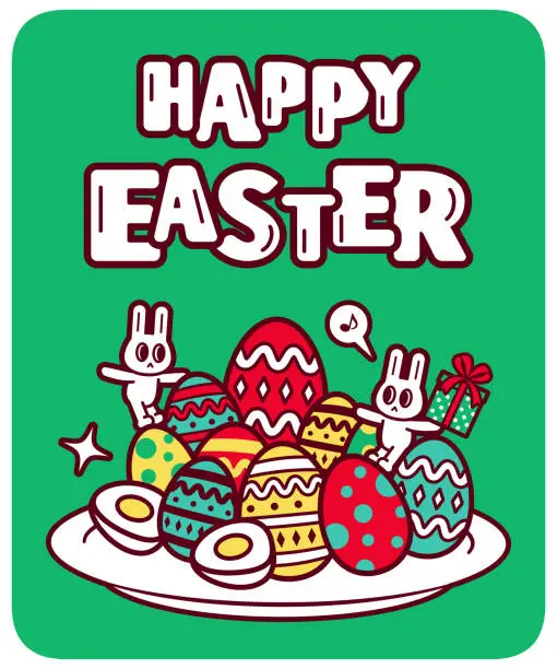 Vector illustration of Happy Easter handwriting text and two bunnies playing on a big plate of Easter Eggs