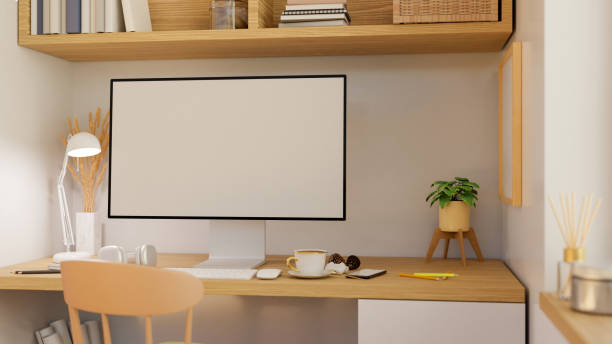 istock Minimal comfortable home workspace interior with wood and white materials