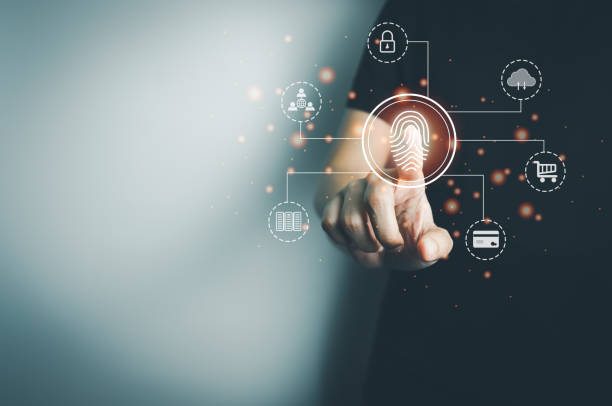 istock Person touching screen to fingerprint scanner, security access information, big data management concept, Internet of things, cloud computing, internet connection, shopping online and cashless society. 1386795035