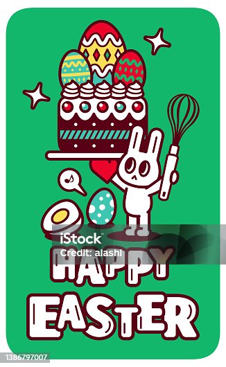 istock Happy Easter handwriting text and a bunny chef holding an egg beater and wearing an oven mitt and carrying an Easter cake that has Easter Eggs on it 1386797007