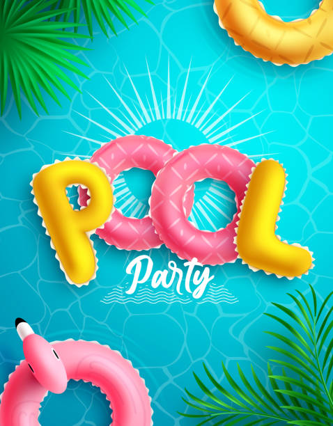 bildbanksillustrationer, clip art samt tecknat material och ikoner med pool party vector concept design. summer pool party typography text with floating floaters and letters in water for tropical season relax leisure activity. - flyta på vatten