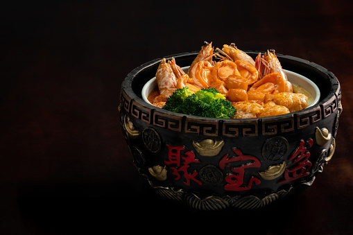 Asian Chinese Style Restaurant Food with dark wooden background