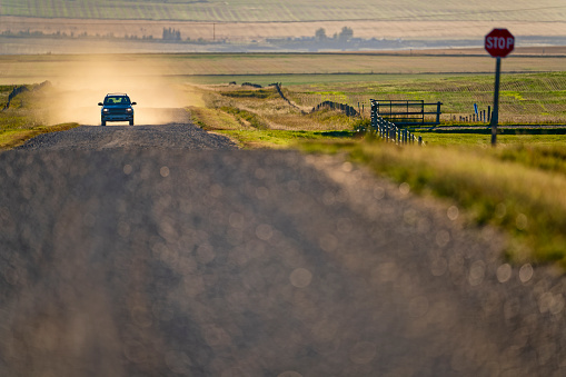Truck driving down a rural highway with dust clouds in Southern Alberta Canada