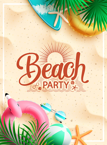 Summer beach vector poster design. Summer beach party text in sand background with floater and leaves element for hot tropical season holiday. Vector illustration.