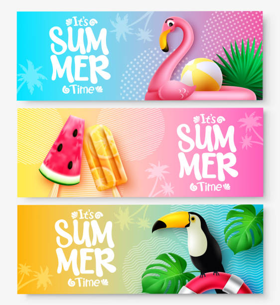 Summer vector banner set design. It's summer time text in colorful background with flamingo, toucan and popsicles elements for tropical season collection. Summer vector banner set design. It's summer time text in colorful background with flamingo, toucan and popsicles elements for tropical season collection. Vector illustration. flavored ice stock illustrations