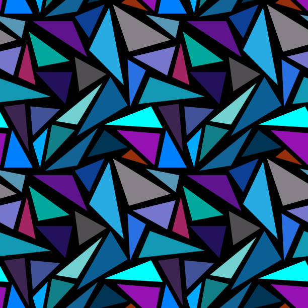 abstrakcyjny geometryczny bezszwowy wzór. trójkąty fioletowe, zielone i niebieskie na czarnym tle. tekstura witraży w zimnych kolorach - stained glass backgrounds pattern abstract stock illustrations