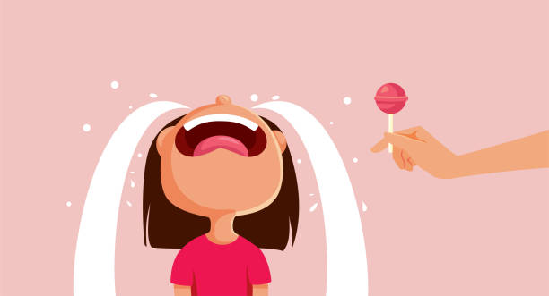 weinendes kleinkindmädchen, das eine lollipop-vektor-cartoon-illustration erhält - indulgence stock-grafiken, -clipart, -cartoons und -symbole