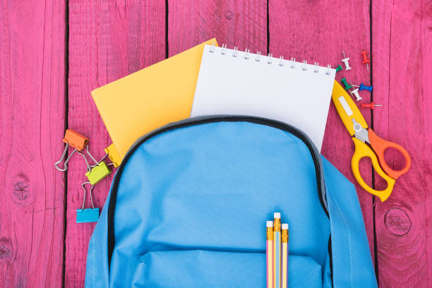 istock Top view Blue bag backpack for education children 1386806125