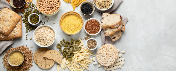 istock Best sources of carbs on light gray background. 1386806877