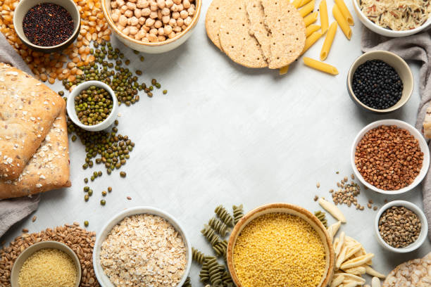 istock Best sources of carbs on light gray background. 1386806951