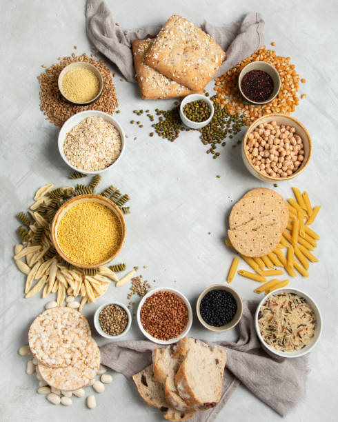 istock Best sources of carbs on light gray background. 1386807029