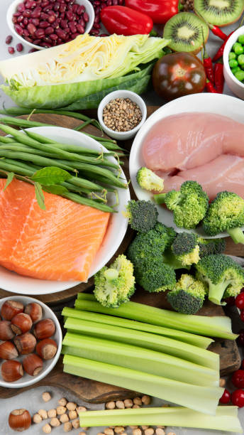 istock Foods with low glycemic index on gray background. 1386807035