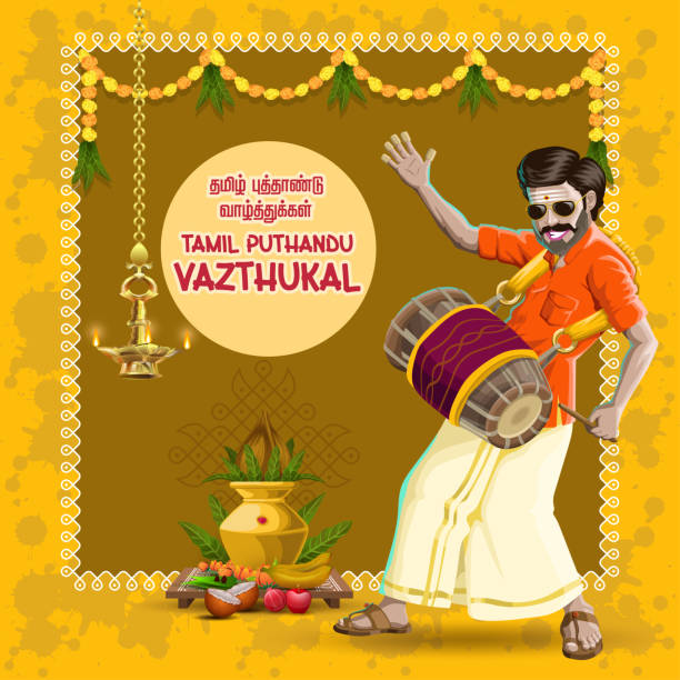 ilustrações, clipart, desenhos animados e ícones de tamil new year greetings with a traditional happy drum player - tamil